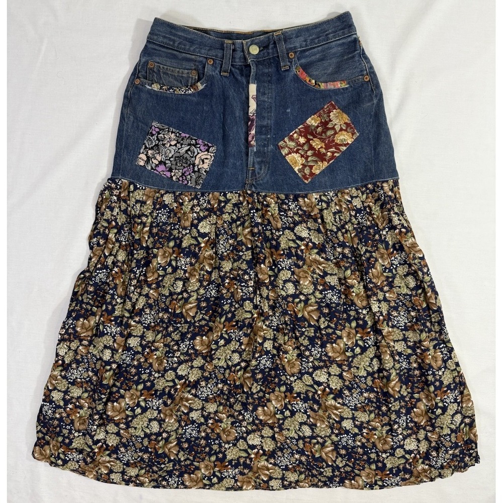 Vtg Levi Strauss Repurposed /Recycled Denim Jean Skirt Boho Patch Sz M Msrments